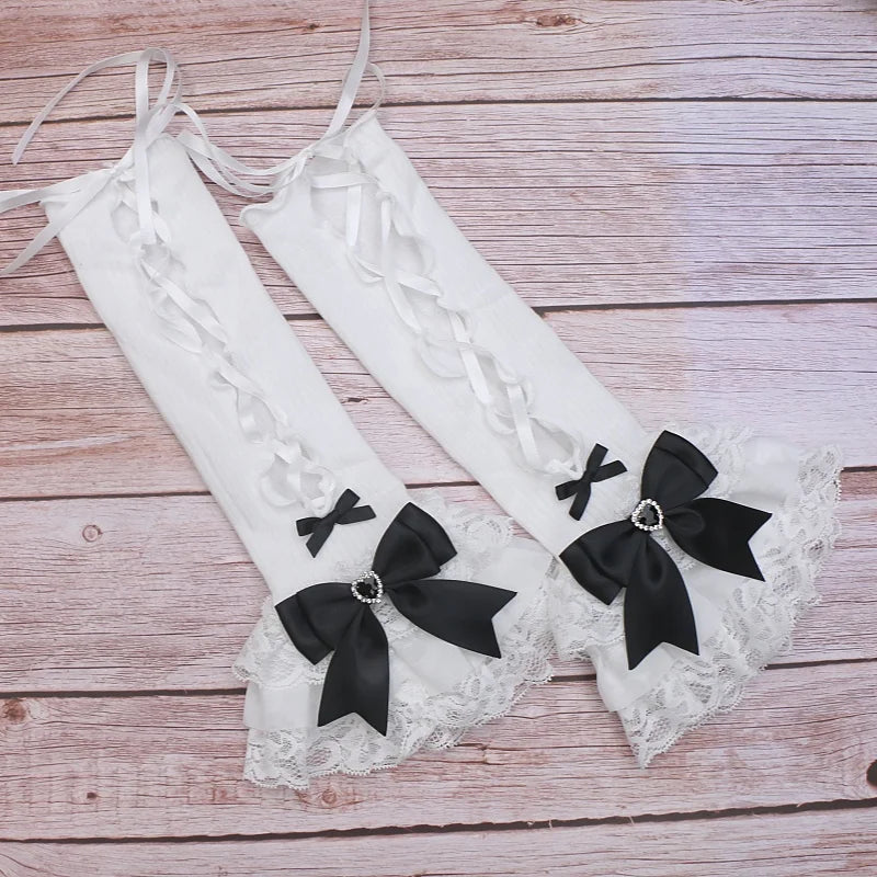 Handmade Sweet Women's Lolita Mine Lace Bow Rhinestone Oversleeves Girls Japanese Style Lace Sleeves Mittens