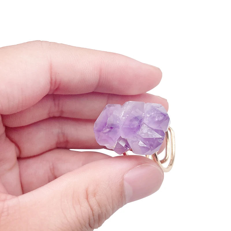 Irregular Raw Amethyst Open Ring for Women Girls Purple Crystal Gemstones Finger Jewelry Resizable
