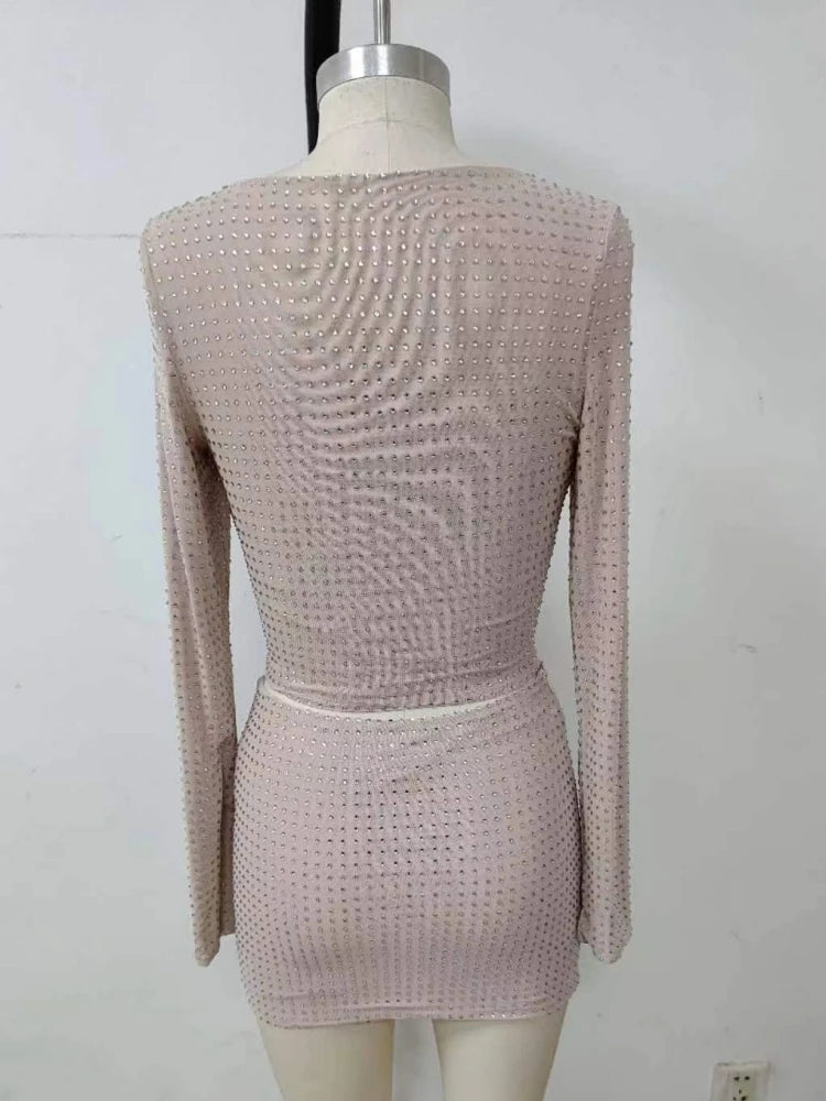 Sexy Diamonds Two-Pieces Set Women Sparkling Crystal  Long Sleeves Top + Mini Slim Skirts Suits Evening Nightclub Party Sets