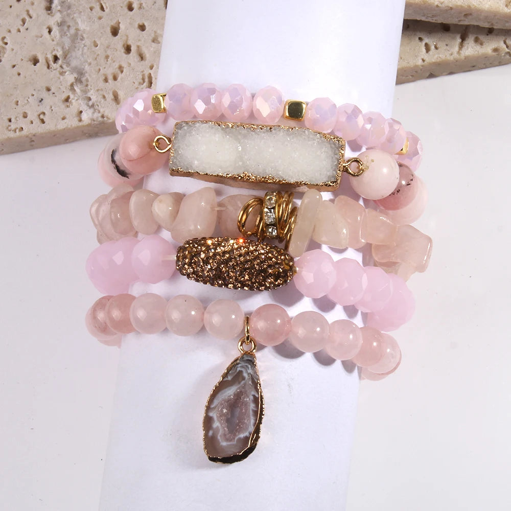 Fashion Designer Gemstone Crystal Glass Beaded Bracelet Sets Druzy Charm 5pc Stack Bracelet Bracelets Set For Women Jewelry Gift