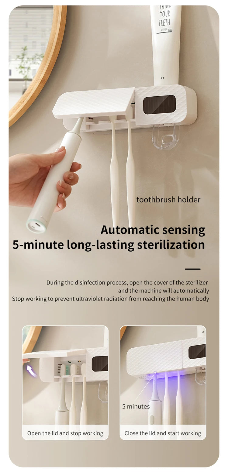 1 smart toothbrush rack wall mounted 3-slot toothbrush intelligent drying rack, toothpaste dispenser, household daily necessitie