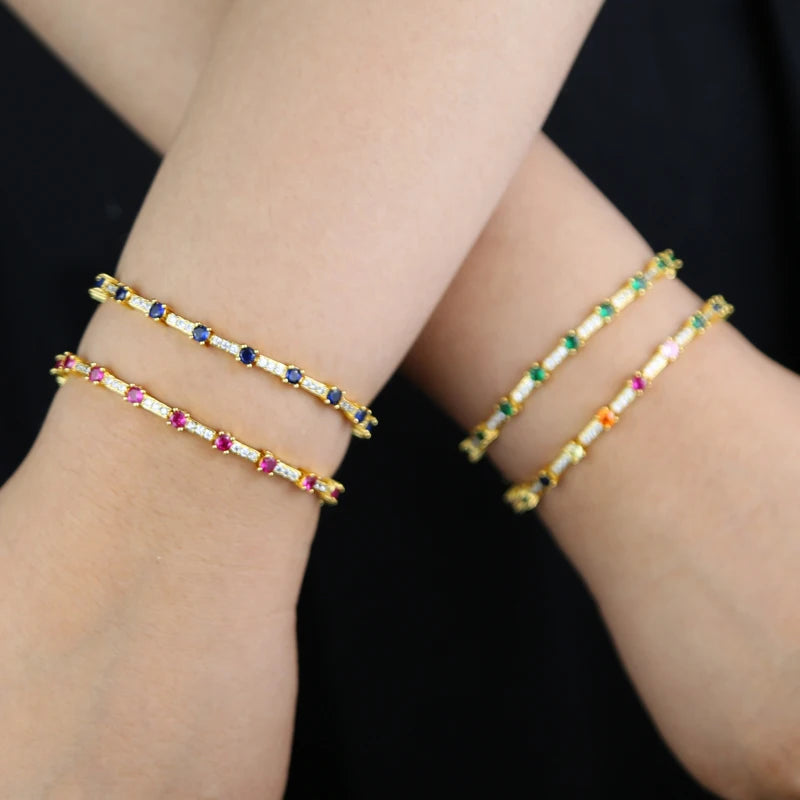 Gold Color Colorful Fashion Women Jewelry Rainbow Blue Red Green CZ Bar Geometric Charm Link Chain Bracelet