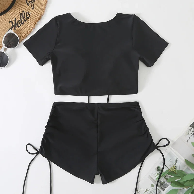 Black Drawstring Swimwear Bikinis Sets Mujer 2025 Crop Top Shorts Bottom Swimsuit Women Sexy Bathing Suit Beachwear Bikini Swim