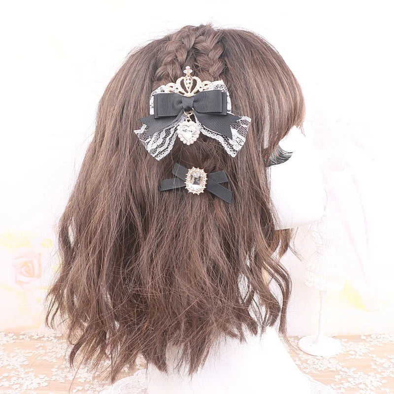 Kawaii Lo Bow Hair Accessories Headdress Girl Women's Sweet Cute Bow Crown Rhinestone Side Clip Lolita Hair Clip Lace Hairpin