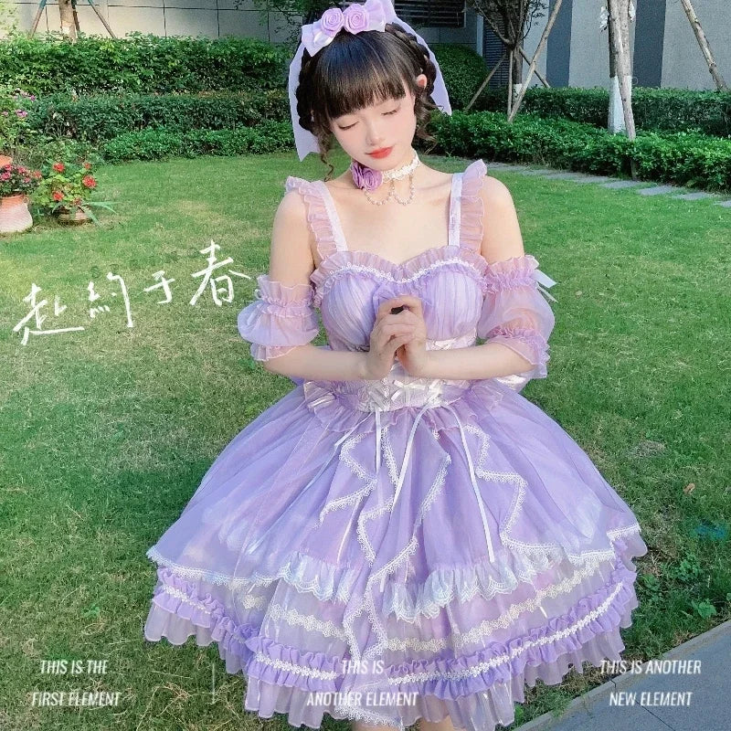 Lolita Sweet Girl Princess Dress Spring and Summer Off Shoulder Women's Short Sleeve Slim OP/JSK Short Ball Gown Dress