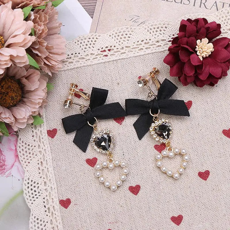 Japanese Style Lolita Sweet Bownot Rhinestone Pearl Heart Shaped Drop Earrings 925 Silver Pin Ear Clip Women Girls Earrings