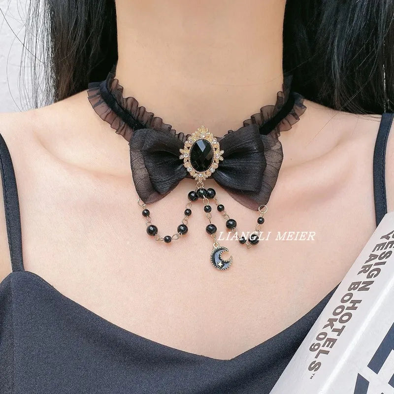 Retro Black Lace Choker Handmade Women's Necklace Black Beaded  Pendant for Cool Lady Trendy Dark Girly Fashion Accessories
