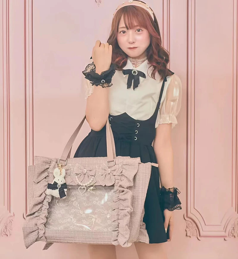 Japanese Style Mine Ita Bag Ruffled Lace Women Girls Rhienstone Pearl Bowknot Square Tote Shoulder Portable Bolso Handbags