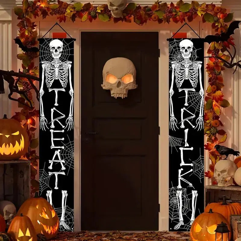 VIKAMA Ghost Skull Halloween Door Banner, Trick or Treat Decor Hanging Background Door Porch Welcome Sign Party Supplies