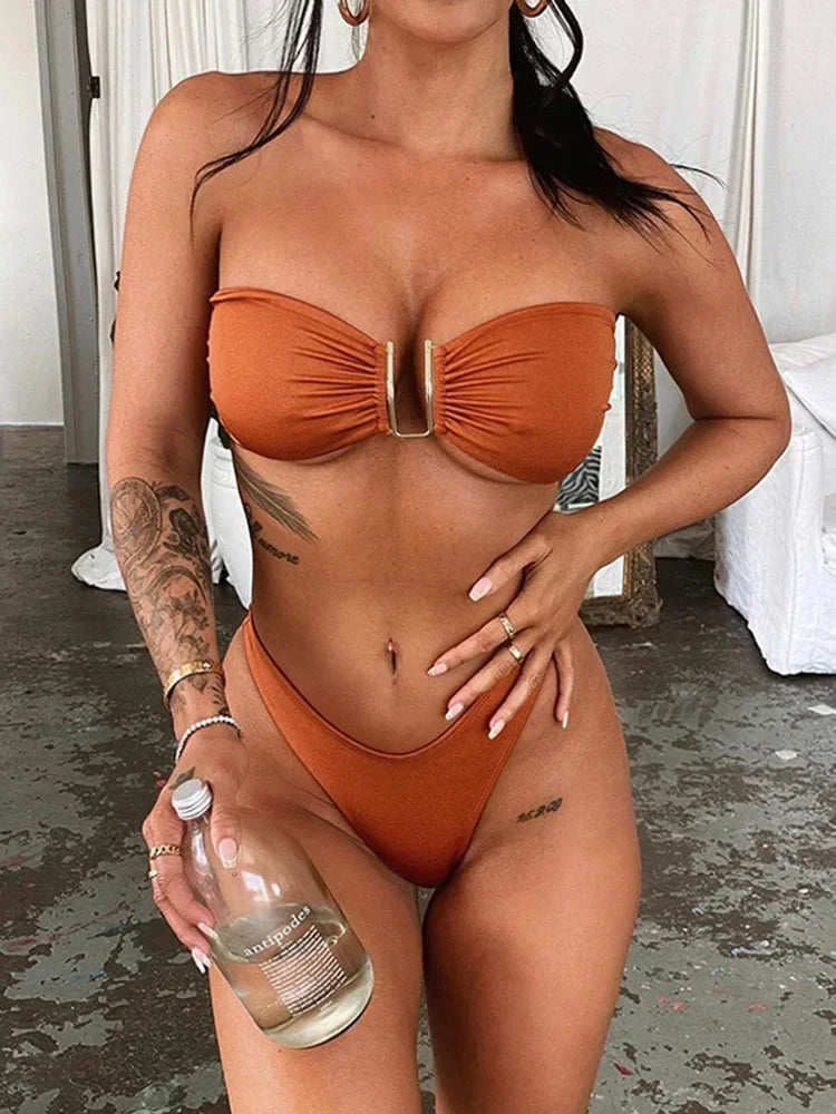 Shiny Bandeau Bikinis 2025 Strapless Bikini Female Swimsuit Women Swimwear Two-pieces Bikini Set High Cut Bathing Suit Swim Lady