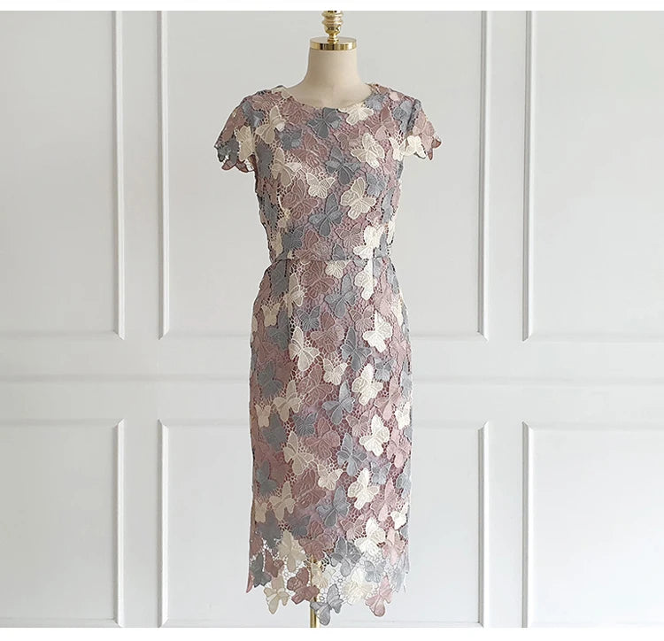 H Han Queen Summer Elegant Chic Lace Dresses Women Korean Retro Vestidos Fashion Color Blocking Office Party Casual Dress