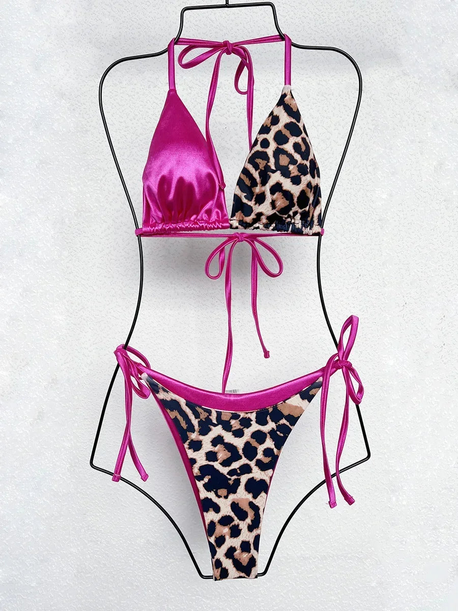 Halter Splicing Leopard Bikinis 2025 Satin Bikini Female Swimsuit Women Swimwear Two-pieces Bikini Set Micro Bathing Suit Swim