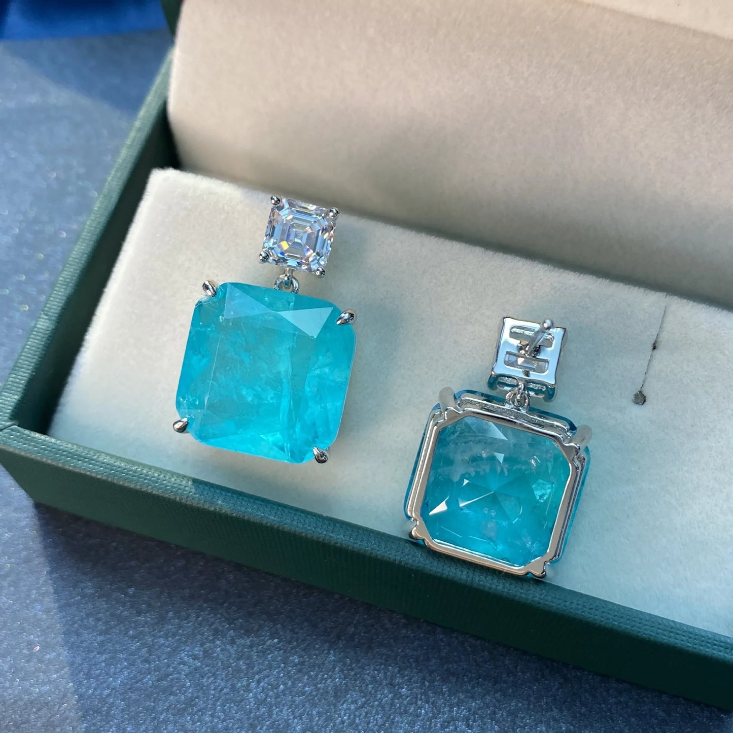 New Sparkling Paraiba Tourmaline Gemstone Drop Earrings 100% Sterling Silver High Carbon Diamond Fine Jewelry for Women