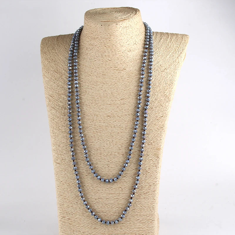 Fashion Bohemian Tribal Jewelry 6mm Crystal Long knotted Glass Crystal Necklace
