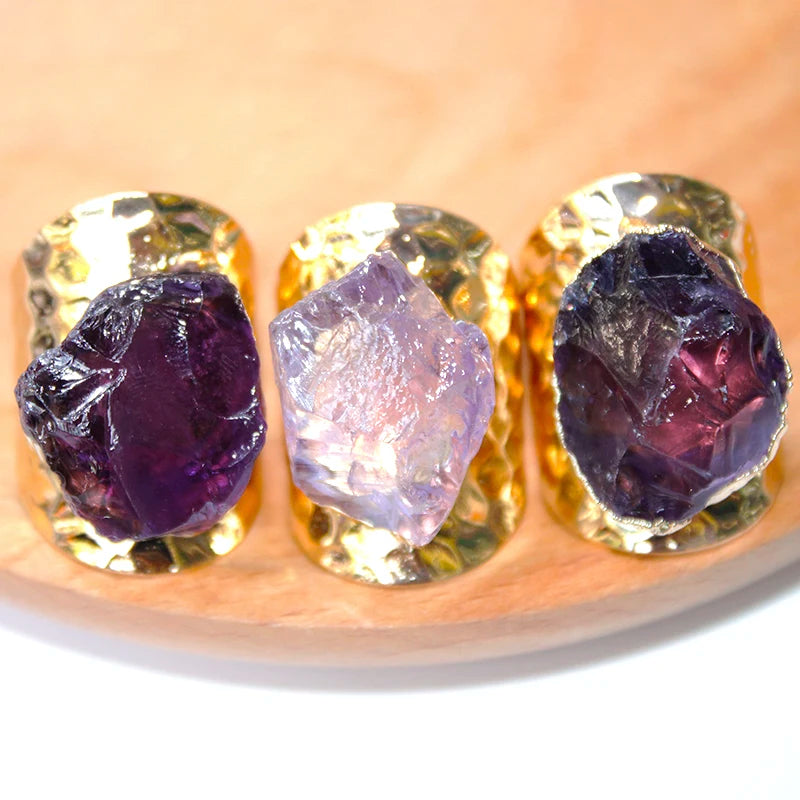 Irregular Genuine Stone Adjustable Ring for Women Golden Handmade Rough Amethyst Finger Jewelry
