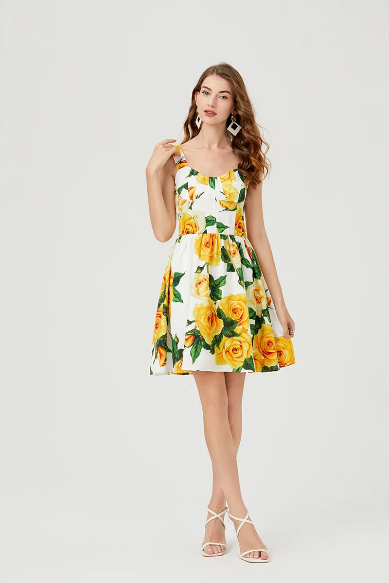 2024 Summer Fashion Short Boho Dress Women Mini Floral Print Dress Female Sleeveless Hanging Belt Printed Waist Folded Dress