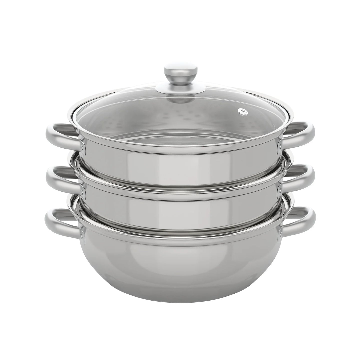 3 Tiers Stainless Steel Steamer 28cm Overlapping Steaming Pot Cookware Kitchen Soup Steamer Cooker Set Silver with Glass Lid
