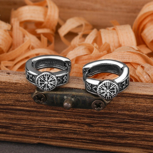 Vintage Viking Vegvísir Hoop Earrings Men Women Tiny Circle Ear Jewelry Stainless Steel Rune Scandinavian Earring Gift
