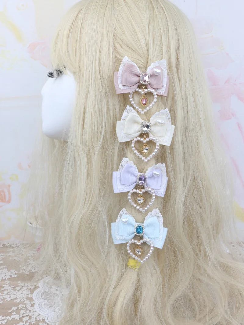 1 Pair Female Hair Clips Pearl Heart Side Clip Sweet Girl's Hairclips Lolita Hairpin Headdress Jiraikei Accessories