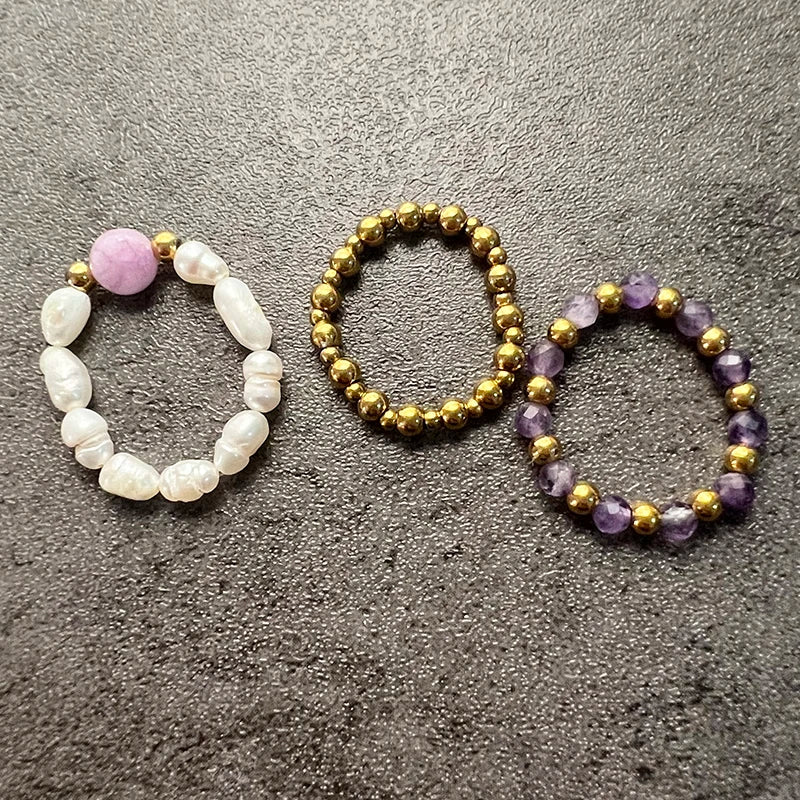 Boho Purple Tourmaline Ring Sets For Wedding Fashion Handmade Jewelry Freshwater Pearl Women Rings Stainless Steel