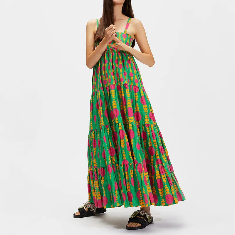 Square Collar Backless Patchwork Maxi Dress, Women Summer Sleeveless Print Party Dress, 2024 Casual Elegant Ladies Dress Vestido