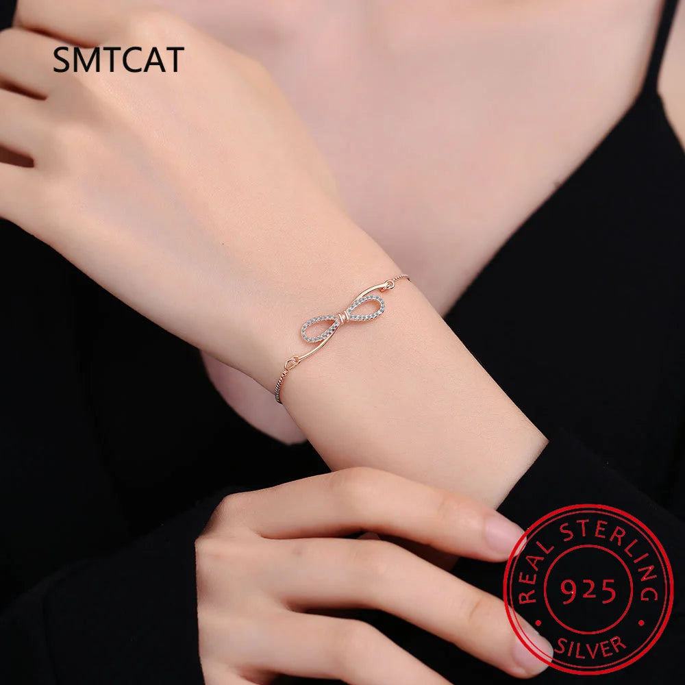 Real 925 Sterling Silver Bowknot Bracelet for Women Shiny Zircon Infinity Love Bracelet Homme Wedding Party Jewelry Gifts