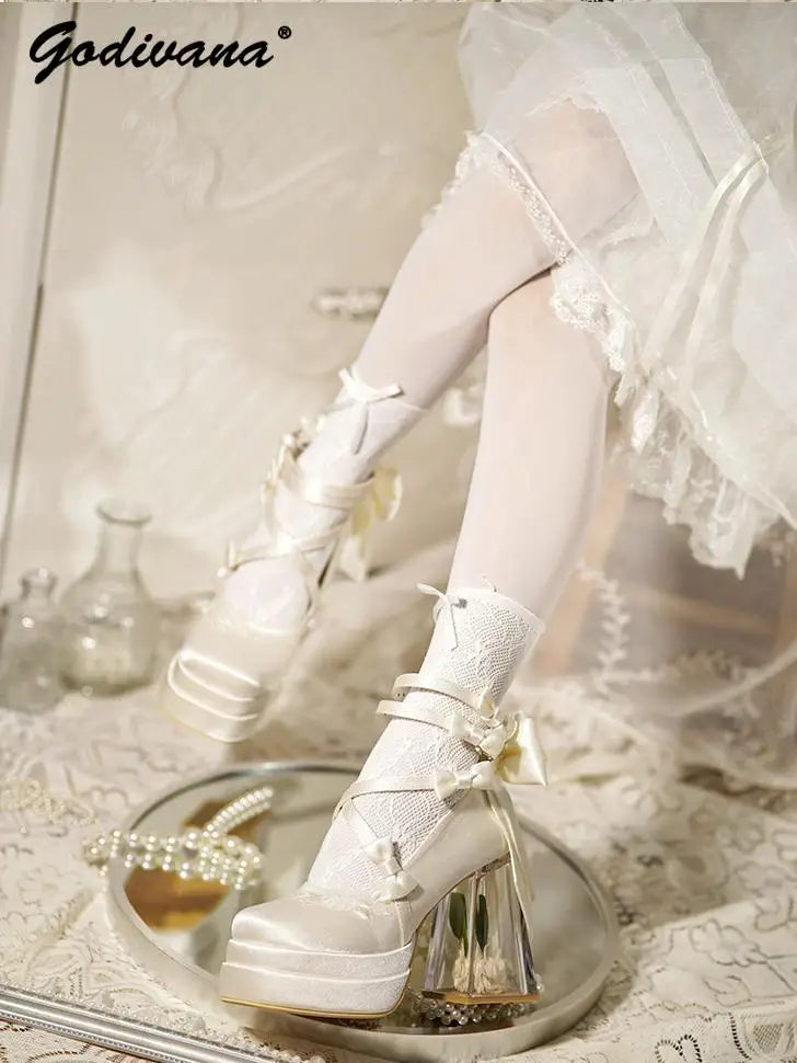 Original Lolita High Heels Elegant Ladies Camellia Embroidery Sweet Bow Satin Mary Jane Shoes Cos Shoes Women's Chunky Heels