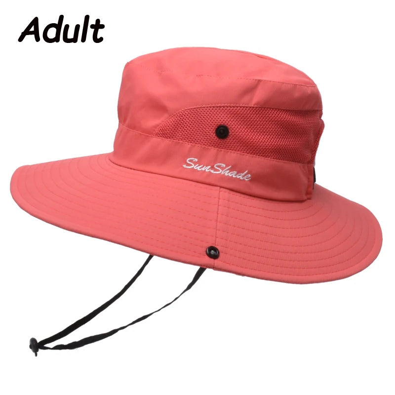 Women Summer Adjustable Bucket Hat with a Ponytail Hole Girls Sun Protection Hiking Cap Parent-child Outdoor Wide Brim Headgear