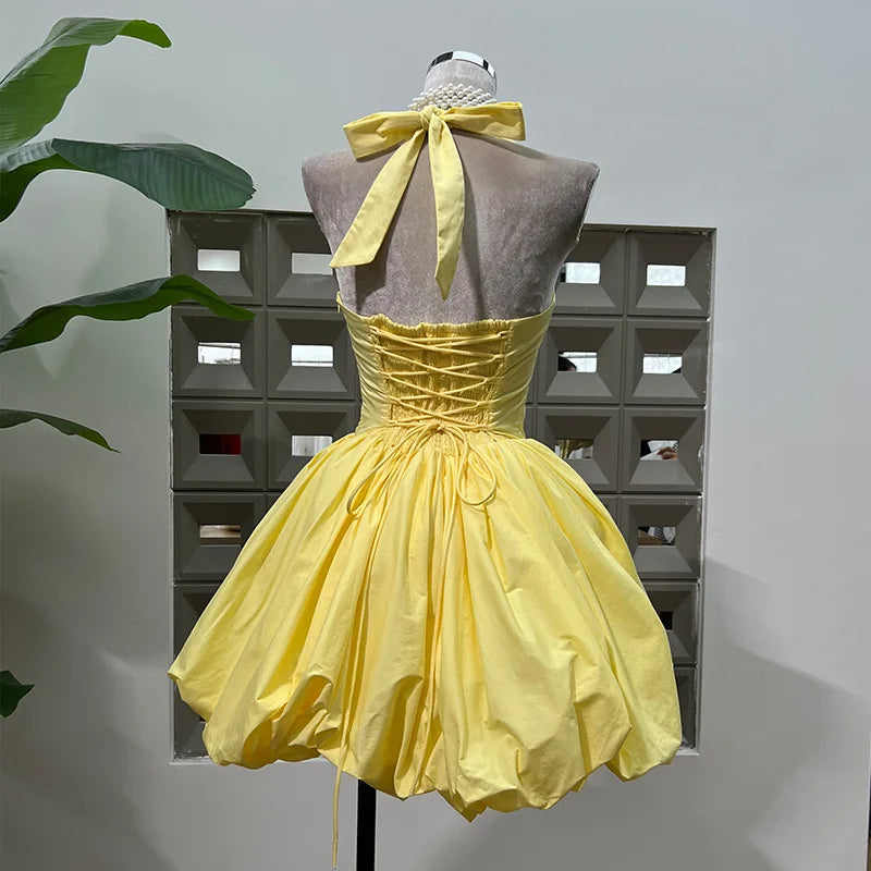 Yellow Sequar Collar Sleeveless Party Short Dress for Women 2025 Summre New Elegant High Waist Evening Dresses Women's Clothes