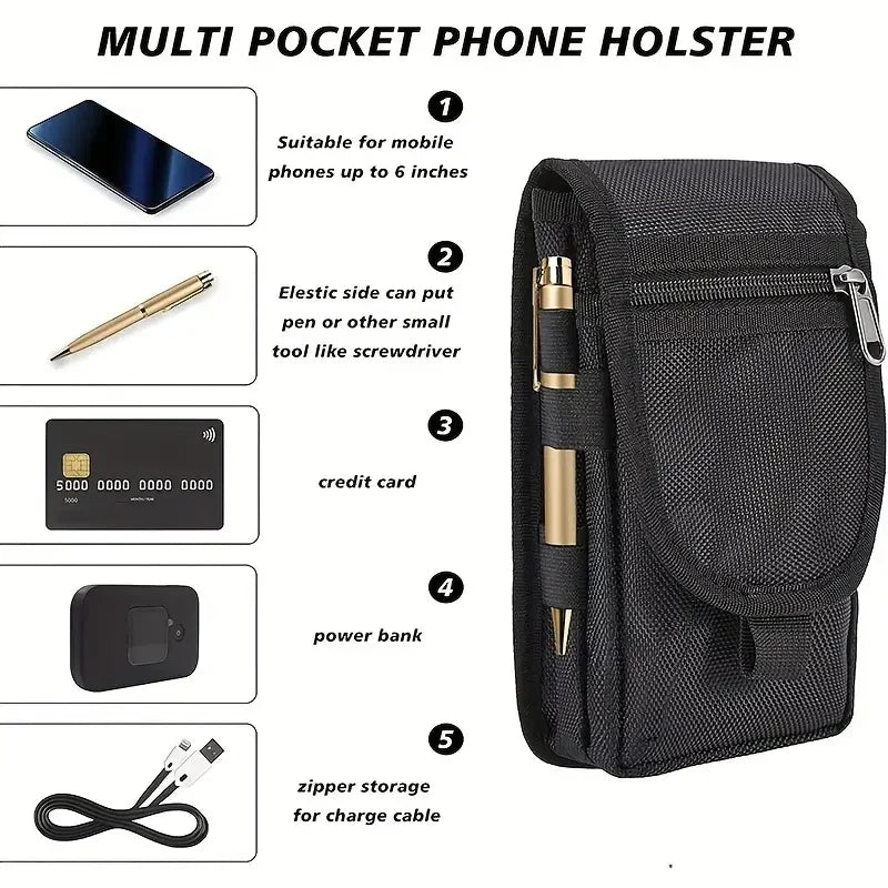 Flip Phone Bag with Three Compartments for Casual Pen Insertion and Waist Hanging Men's Belt Loop Pouch Large Capacity Wallet
