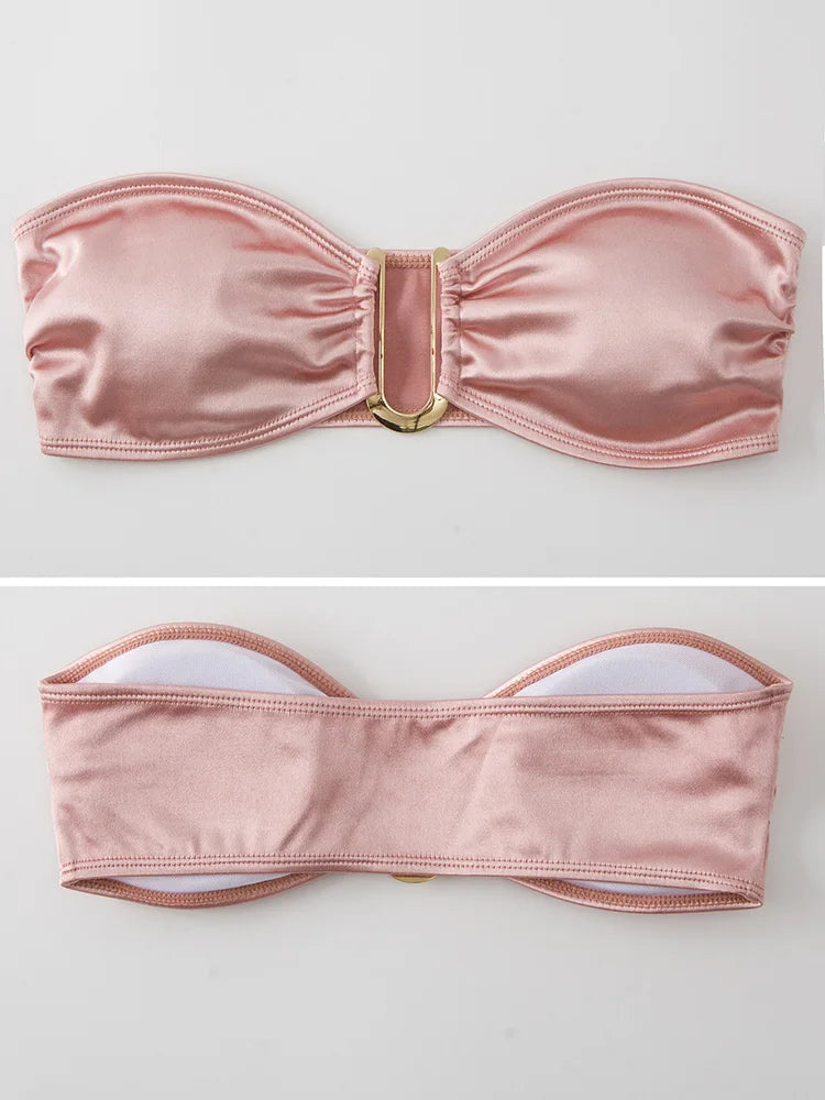 Shiny Bandeau Bikinis 2025 Strapless Bikini Female Swimsuit Women Swimwear Two-pieces Bikini Set High Cut Bathing Suit Swim Lady