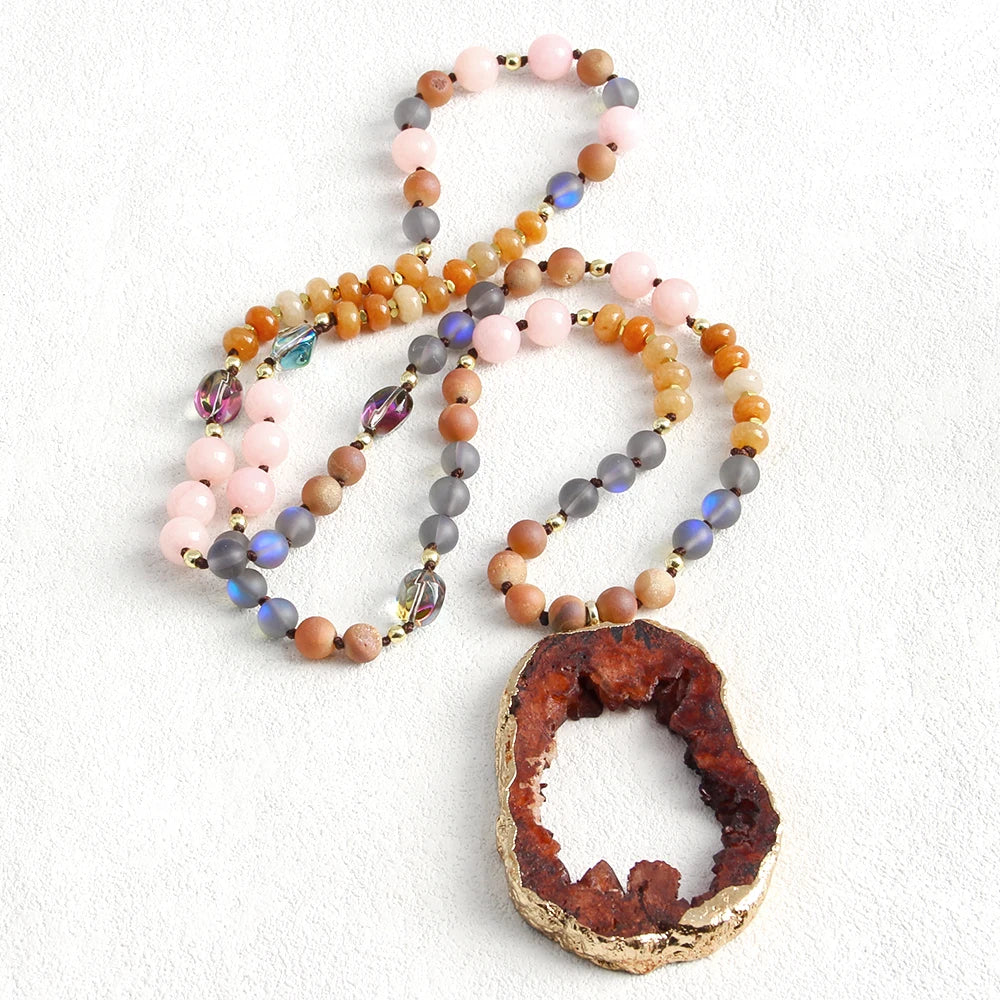 RH 2025 New Fashion Bohemian Style Natural Stone Glass Hematite Knotted Exaggerated Irregular Multicolor Druzy PendantNecklace