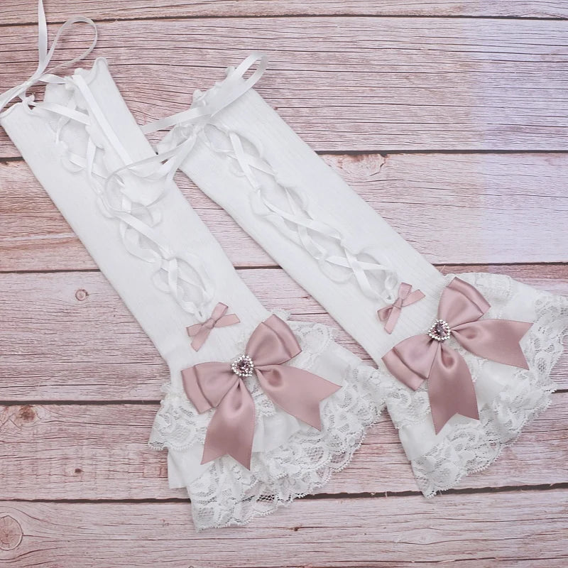 Handmade Sweet Women's Lolita Mine Lace Bow Rhinestone Oversleeves Girls Japanese Style Lace Sleeves Mittens