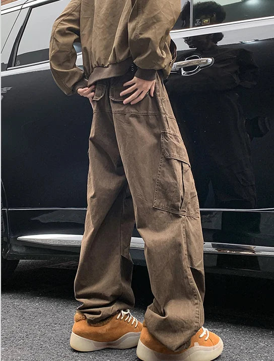Spring Big Pocket Men's Cargo Pants Japanese Y2k Harajuku Loose Straight Wide Leg Trousers Baggy Pants Man Hip Hop Sweatpants