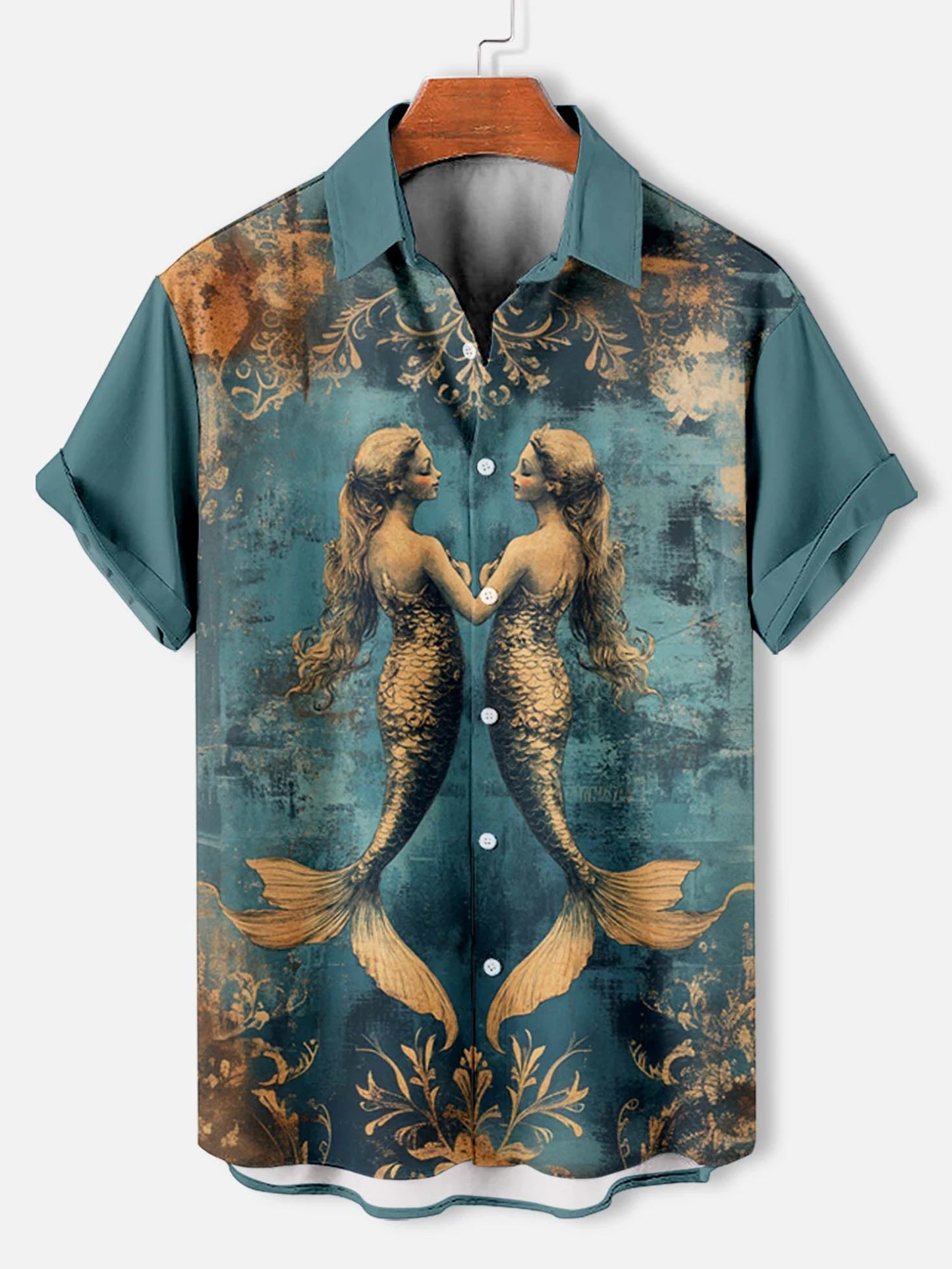 Retro Mermaid Pattern Men's Shirt Short Sleeve Shirts Button Down Lapel Shirts Oversized Tops Casual Hawaiian Shirt for Men