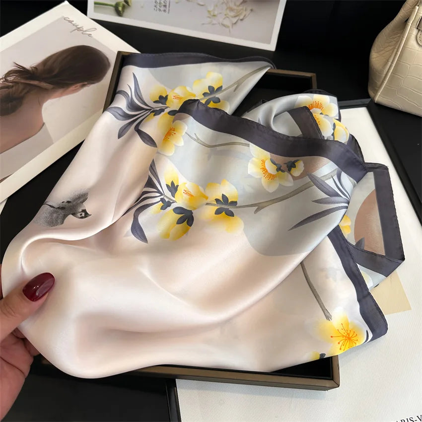 Imitated Silk Headcloth Fashion Flower Print Square Shawls Popular 70X70cm Bandanna Kerchief Sun Protection Silk Scarves Tie Bag