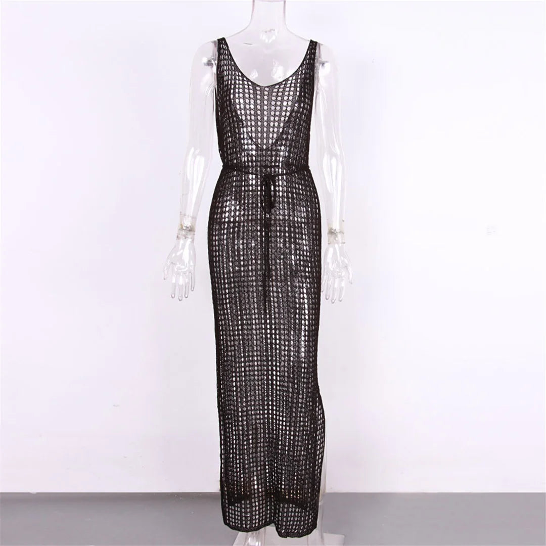 S - XL Backless Hollow out Knitted Crochet Tunic Beach Cover Up Cover-ups Beach Dress Beach Wear Beachwear Female Women V3660