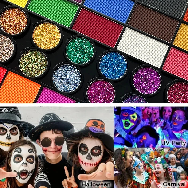 42-Colors Water-Based Face & Body Painting Kit,UV Neon Glitter Fluorescent Paint Makeup,Face Body Paint Art Festivals Halloween