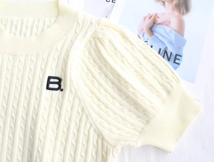 Japanese New Spring Ladies Sweet Bubble Short Sleeve Twist Knitted Top Sweater Letter Embroidered Pure Color Women's T-shirt