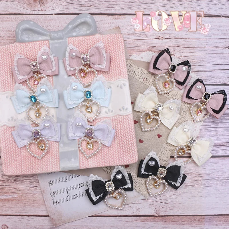 1 Pair Female Hair Clips Pearl Heart Side Clip Sweet Girl's Hairclips Lolita Hairpin Headdress Jiraikei Accessories
