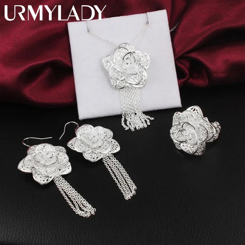 925 sterling silver wedding retro woman 45CM 18inch Necklace Earring open Ring fashion fine jewelry Set Christmas gift