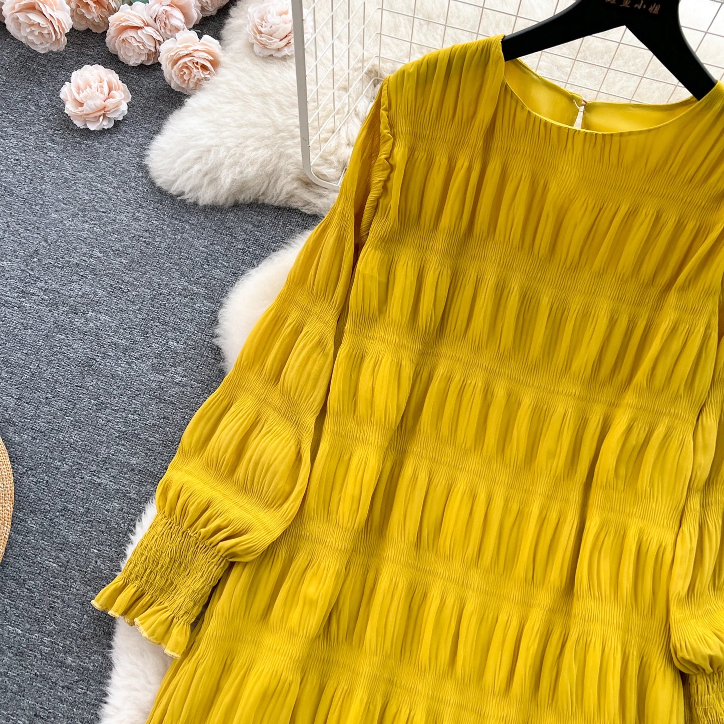 Autumn Vintage Women Draped Loose Midi Dress Elegant Round Collar Puff Long Sleeve Robe Casual Yellow/Burgundy/Green Vestido New