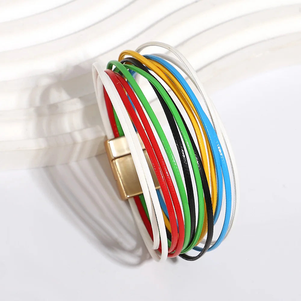 ALLYES Multicolor Rainbow Leather Bracelet Party Jewelry Gifts Fashion Multilayer Slim Strips Wrap Bangle Bracelets for Women