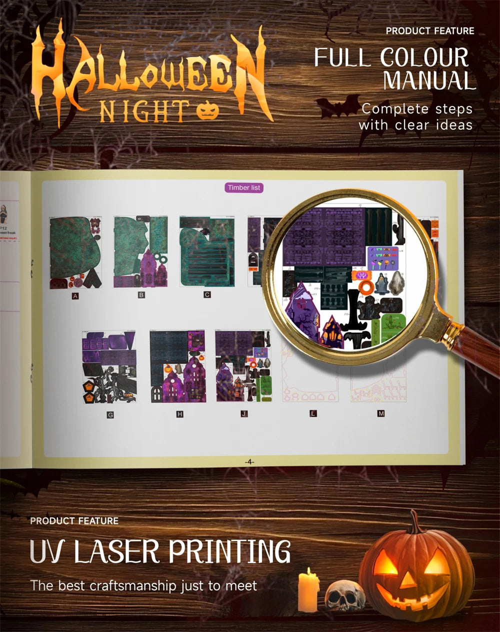 Retro DIY Wooden Halloween Night House Figurines Miniatures Kits With LED Lights Home Desk Decoration For Adult Handmade Gifts