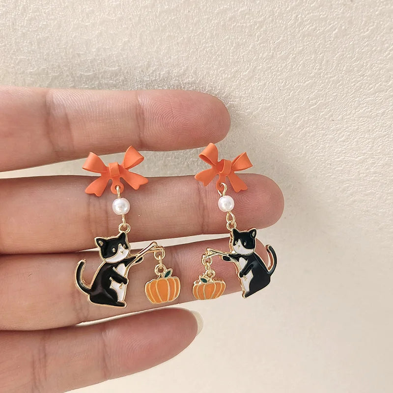Lovely Cat Pumpkin Stud Earrings for Women Fashion Dangle Piercing Jewelry Star Bowknot Fish Bone Statement Party Ear Drop Gifts