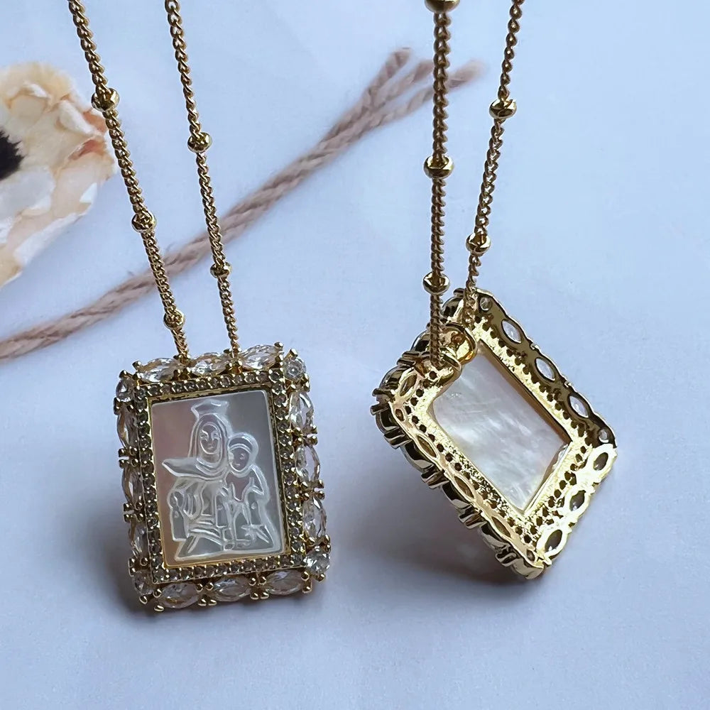 Natural Mother Pearl Shell Virgin Mary Guadalupe San Benito Charm Necklace Rectangle Religious Medals Necklace for Women & Gift
