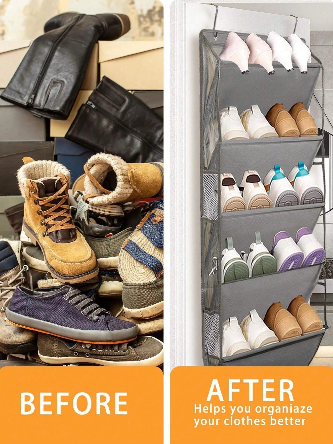 1pcs 5-Layer Over The Door Hanging Shoe Organizer, Gray Non-Woven Fabric Shoe Storage Hanging Bag,Hanging Shoe Rack