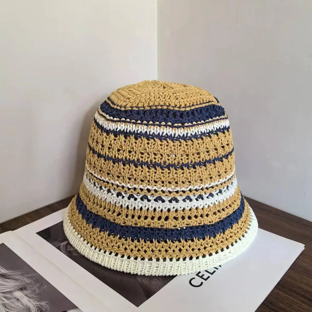 Summer Hollow Knitted Hollow Fisherman Caps Sun Protection Straw Bucket Hat Breathable Crochet Beach Cap Wide Brim Sun Hat
