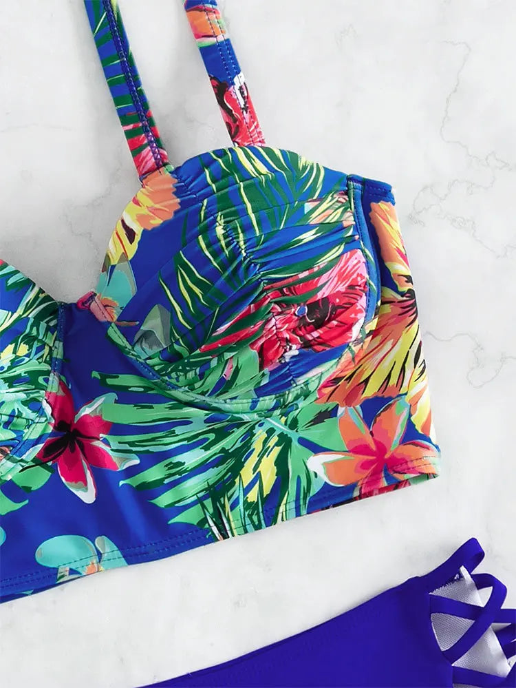 Cikini-Tropical Print Criss Cross Push Up Bikinis Set, High Waist Split Swimwear, Summer Swimsuit, Bathing Suit for Women, 2 Pcs