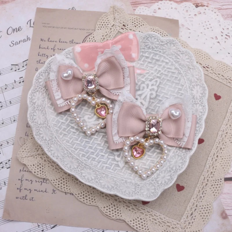 1 Pair Female Hair Clips Pearl Heart Side Clip Sweet Girl's Hairclips Lolita Hairpin Headdress Jiraikei Accessories